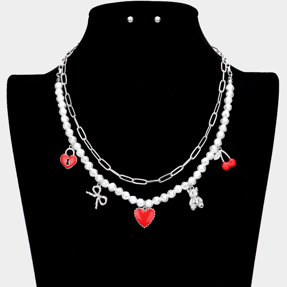 Enamel Heart Lock Cherry Metal Bow Bear Pendant Double Layered Necklace